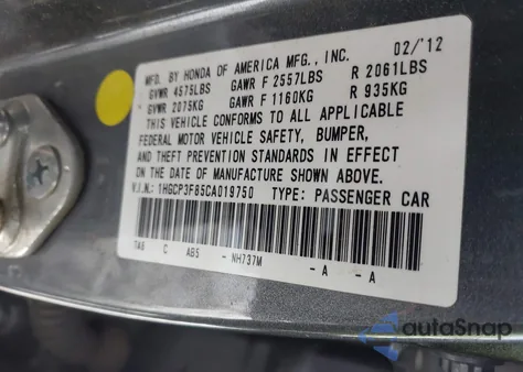 2012 Honda Accord Sdn 3.5 Ex-L/Ex-L from USA, damaged, VIN 1HGCP3F85CA019750